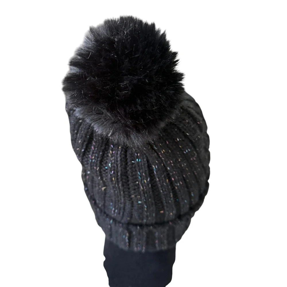 BP Black Metallic Pom Beanie Cozy Winter Streetwear‎ Y2K Sparkle Festival Hat